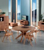 Table ronde en teck massif et pied en croix