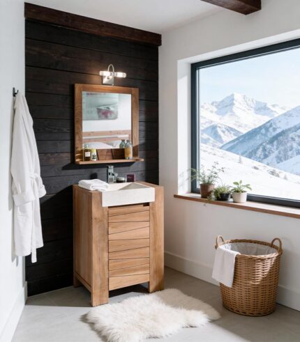 Salle de bains en teck massif et vasque en pierre blanche