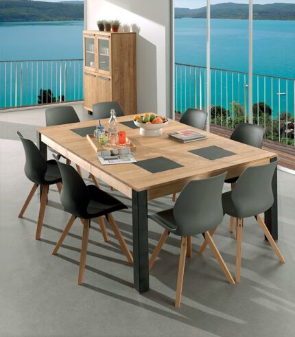 Table carrée avec plateau incrusté de carrés de céramique aspect ardoise