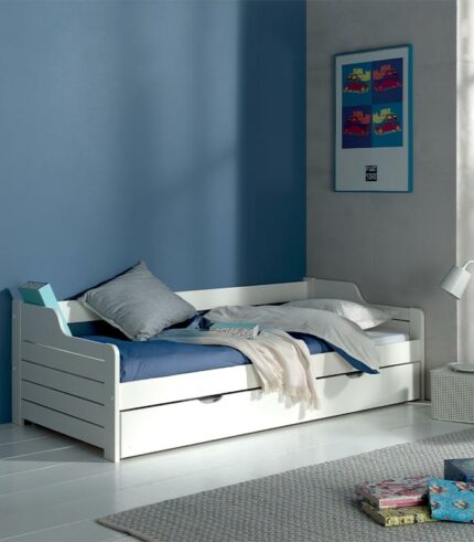 Lit COSY VICKY en pin massif lasuré blanc avec tiroir