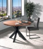 Table ronde plateau en teck massif recyclé et pied en croix en métal noir