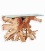 Console en racine de teck et plateau en verre