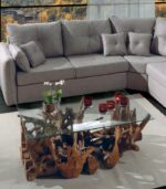 Table basse en racine de teck avec plateau en verre