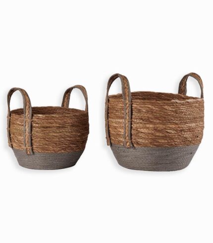 Set de 2 paniers bicolores naturel/gris en rotin et papier