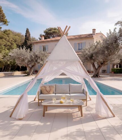 Tipi BANGKA bois et voilage blanc