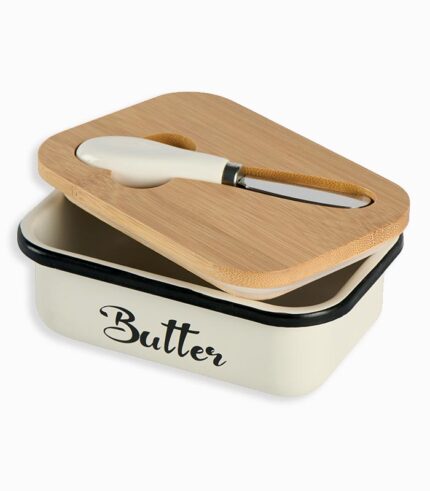 Beurrier métal écru couvercle en bambou