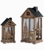 Lanterne en bois décor cerf et sapin