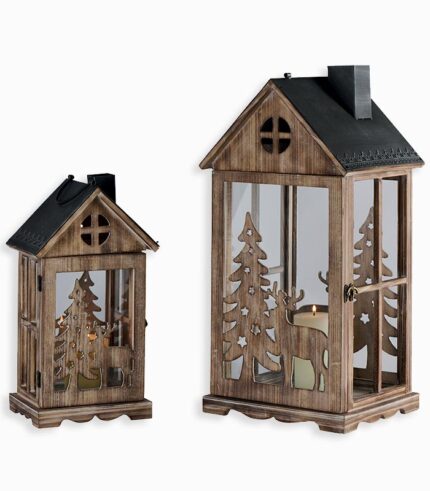 Lanterne en bois décor cerf et sapin