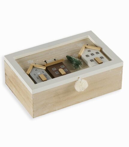 Boîte décor maisons avec sapin