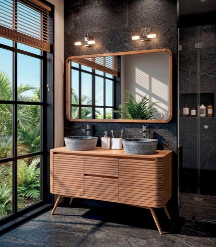 Salle de bains teck double vasque marbre gris MAUI