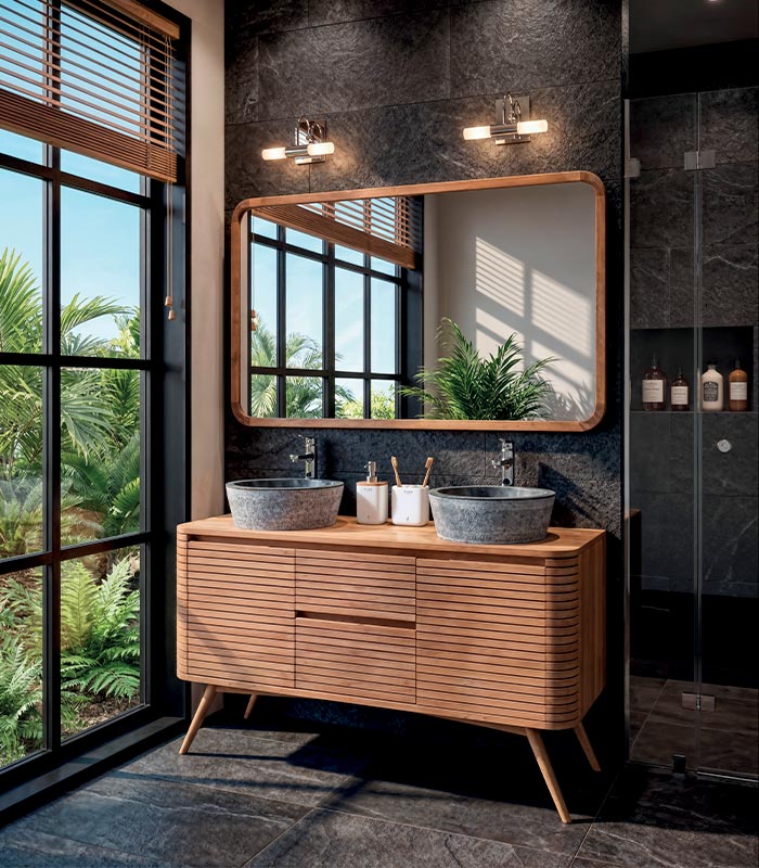 Salle de bains teck double vasque marbre gris MAUI