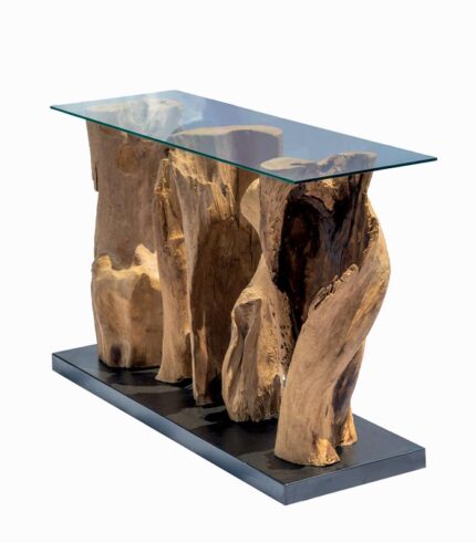 Console Teck plateau verre