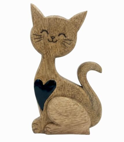 Chat à poser en bois de manguier cœur résine noire