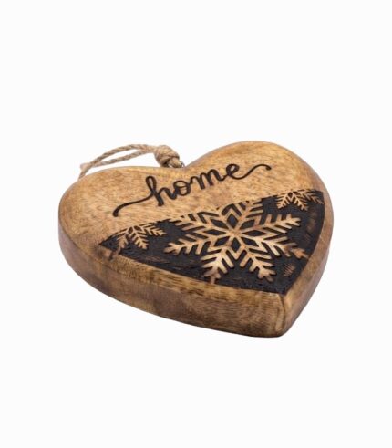 Cœur gravé "Home" en bois de manguier décor flocon